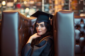 woman in graduation cap and gown in a booth