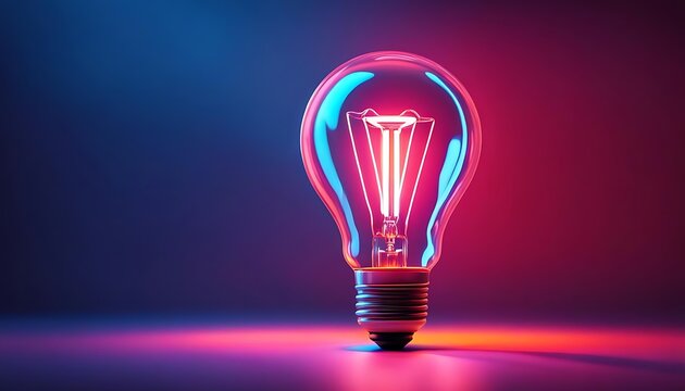 glowing neon light bulb. invention or solution concept. 3d rendering - plasma light bulb glowing. connection, creativity, energy concept. creative illustration.