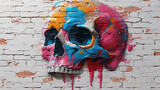 Graffiti depicting colored skull on brick wall. Skeleton of head applied with spray paint from can. Generative AI