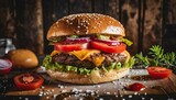 Fototapeta  - O melhor hambúrguer do mundo é uma obra-prima culinária que combina ingredientes de alta qualidade, preparação artesanal e uma explosão de sabores inigualável. 