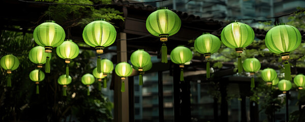 Poster - green light decorations - asian-inspired lampshades, fictional character created by generated ai.