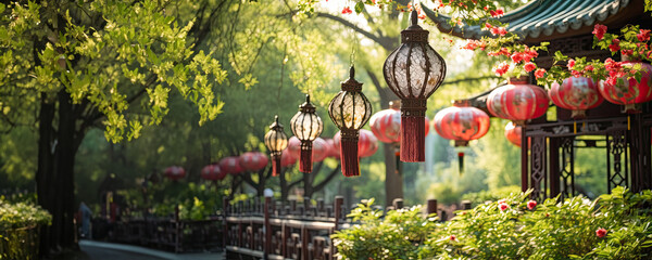 Wall Mural - Oriental Lamp Posts and Chinese lanterns at the Temple of the Forbidden City, Fictional Character Created by Generated AI.