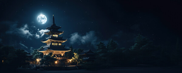 Wall Mural - Moonlit Japanese Temple at Night, Fictional Character Created by Generated AI.