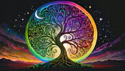Canvas Print - abstract background tree of life in the shape of the moon