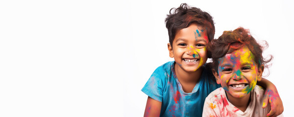 Poster - Two young children having fun with paint, smiling and laughing together, Fictional Character Created by Generated AI.