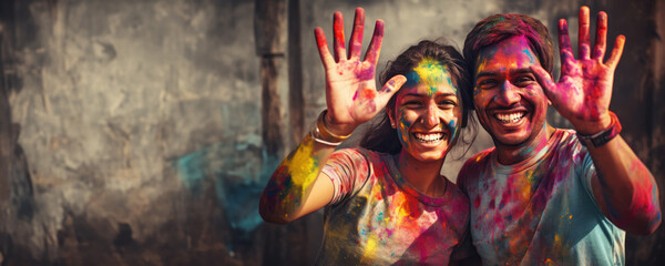 Wall Mural - A joyful moment of two people playing with colorful paint - Throwing handprints up in the air, Fictional Character Created by Generated AI.