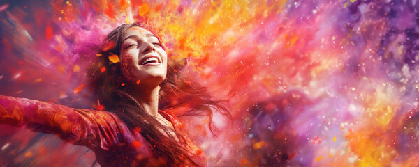 Wall Mural - Free-spirited woman embracing a colorful, paint-filled air around her, Fictional Character Created by Generated AI.