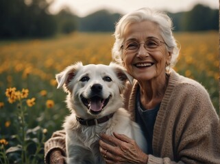 Wall Mural - Beautiful elderly woman smiling happy with her cute adorable dog from Generative AI