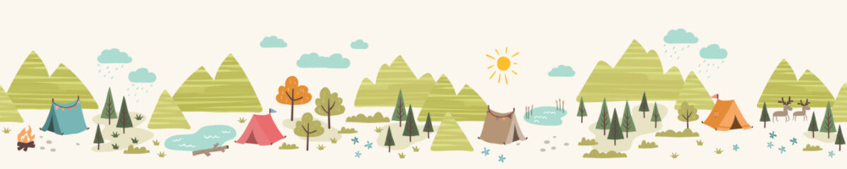 Wall Mural - cute hand drawn vector seamless pattern with camping doodles, tents, landscape and trails, great for