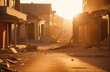 Empty city, destroyed houses in the city due to explosions, devastation, war at sunset.