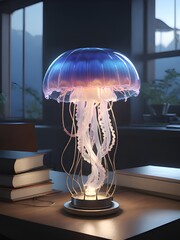 Sticker - a jellyfish lamp on a table with books