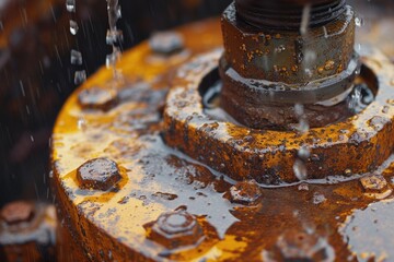 Poster - A detailed close-up of a fire hydrant with water flowing from it. This image captures the essence of a hydrant in action and can be used to depict emergency situations or urban landscapes