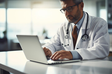 Wall Mural - Male doctor working on laptop computer in office. Medical and healthcare concept.