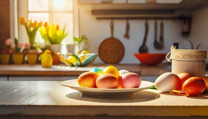 Wall Mural - Easter kitchen table with colorful eggs in white plate. Spring religious holiday