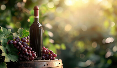 Bottle of wine on barrel with grapes on blurred background and free place for text