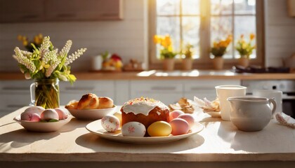 Wall Mural - Easter kitchen table with traditional food and colorful eggs in white plate. Spring religious holiday