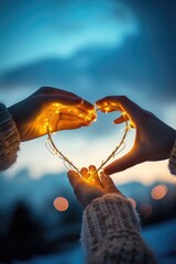 Canvas Print - Two hands delicately hold a string of lights shaped like a heart. Perfect for adding a romantic touch to any occasion or decorating a cozy space