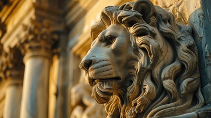 Poster - A statue of a lion displayed on the side of a building. Suitable for architectural, urban, or animal-themed projects