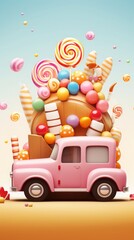 Wall Mural - Colorful pastel candy landscape. pink castle or palace in the land of sweets and car. road among sweets and lollipops