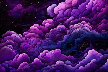 Wall Mural - Vibrant close-up of electric violet clouds against a backdrop of inky black, resembling a surreal and cosmic dreamscape.