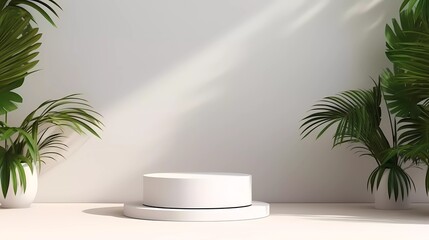 Canvas Print - Abstract white 3D room with realistic white cylindrical pedestal podium set and shadow overlay of palm leaves. Minimal scene for product display presentation. generative ai