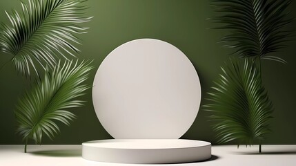 Canvas Print - Abstract white 3D room with realistic white cylindrical pedestal podium set and shadow overlay of palm leaves. Minimal scene for product display presentation. generative ai