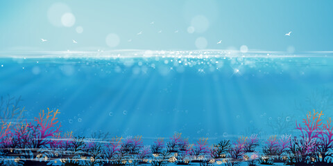 Underwater in deep sea blue with sun and cloud on island,Bottom of ocean with sun ray shining through underwater creatures,coral reefs,seaweed and shell in natural habitat,Vector  marine sea life