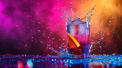 colorful splashing drink at bright vivid multicolored background, in style of dark purple, blue and pink,