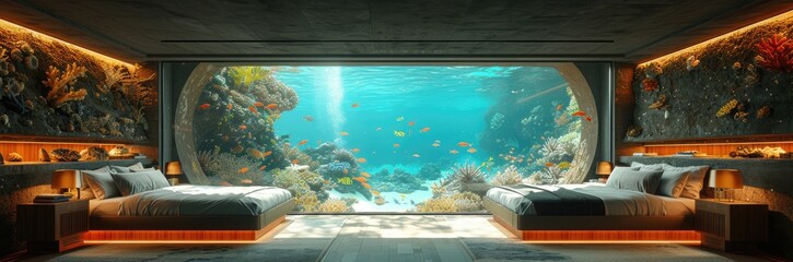Wall Mural - Undersea hotel with views of coral reefs and marine life 