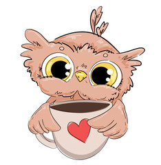 Poster - Hand Drawn Cute Owl with a cup of coffee Vector illustration