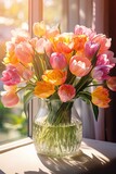 Fototapeta Storczyk - Spring bouquet of tulips in a glass vase in rays of the morning sun
