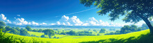 Panoramic View Of A Vibrant, Lush Green Field Under A Clear Blue Sky. A Large Tree Stands To The Right, With Distant Mountains Forming The Backdrop. A Serene And Beautiful Landscape.