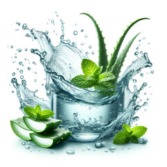 Wall Mural - Clean water splash with mint leaves, aloe slices and splatters in water wave isolated on white background