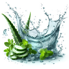 Wall Mural - Clean water splash with mint leaves, aloe slices and splatters in water wave isolated on white background