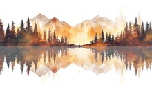 Vector Reflection Of Beautiful Pine Trees In Lake Watercolor.