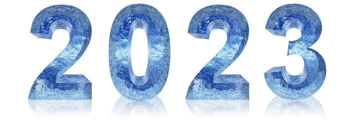 Wall Mural - Concept or conceptual 2023 year made of  blue ice font isolated on white background. An abstract 3D illustration as a  metaphor for future, celebration, nature,  environment, ecology and climate