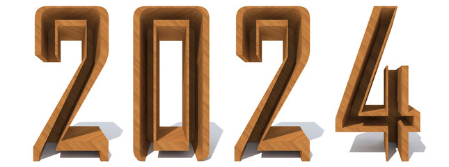 Conceptual 2024 year made of  wood or wooden brown font isolated on white background. An abstract 3D illustration as a  metaphor for future, vision, real estate, prosperity or business growth