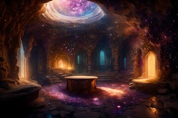 Wall Mural - A cave chamber filled with sparkling gemstones embedded in the walls, illuminated by soft, diffused light, creating a scene straight out of a fantasy novel.