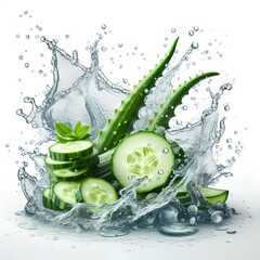 Wall Mural - Clean water splash with cucumber and aloe slices and splatters in water wave isolated on white background