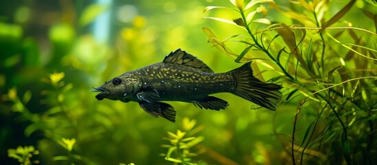 Wall Mural - The adult weatherfish gracefully swims amidst green vegetation in a European temperate biotope aquarium, showcasing the beauty and vulnerability of nature in a full body view, making it an ideal pet
