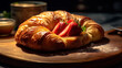 Golden Croissant Decorated with Fresh Strawberries on a Wooden Board - Generative AI