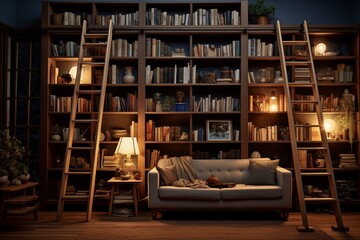 Home library interior design with a lot of bookshelves in classic style. Vintage reading room. Brown wooden bookcase filled with old books