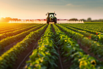 Poster - Tractor spraying green crops on cultivated field. 