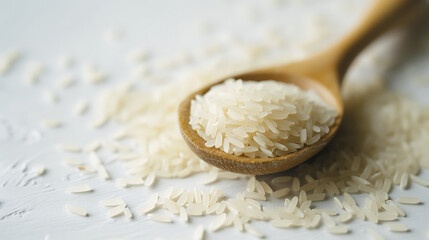 Clean measuring spoon of rice, plain white background