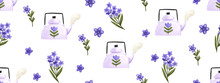 Cute Spring Pattern. A Teapot With A Floral Pattern And Branches Of Forget-me-nots. Cute Botanical Design On Transparent Background