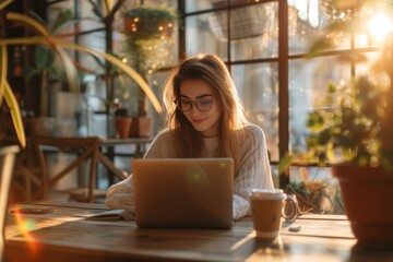 Sticker - Beautiful woman wearing glassed, sitting at the cafe with a laptop, big cup of coffee beside her