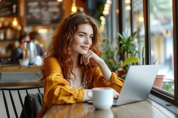 Sticker - Beautiful woman is sitting at the cafe with a laptop, freelancer, remote work