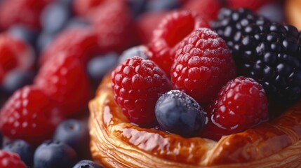 Canvas Print - A delicious pastry topped with fresh raspberries and blueberries. Perfect for a sweet treat or dessert option