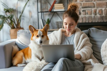 Sticker - Beautiful woman is sitting on the sofa with a laptop, corgi beside her