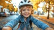 © Rama - A young boy wearing a bike helmet and backpack is smiling while riding a bike down a tree-lined street, generative ai